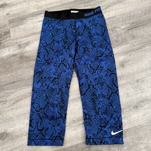 NIKE PRO Training Capri Pants Womens M Blue Snake Print Cropped Leggings 694381